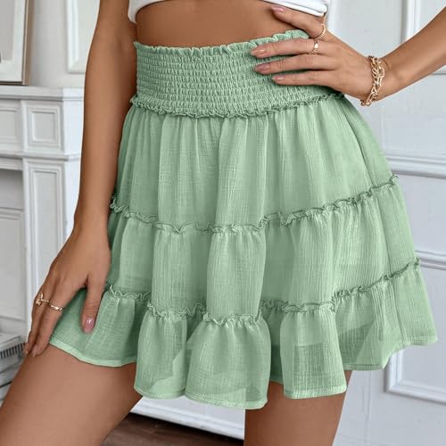 Women's Flowy Skirt With Elastic High Waist And Chafing Design Ruffle Solid Color Casual Summer Outfits Mini Skater4