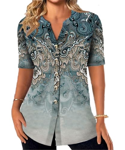 GRMLRPT Camiseta de Mujer Blusas de Mujer Casual Top Elegante de Manga Corta con Estampado Suave Ligero Cómodas Camisetas con Cuello en V para Verano(Azul-B,L)