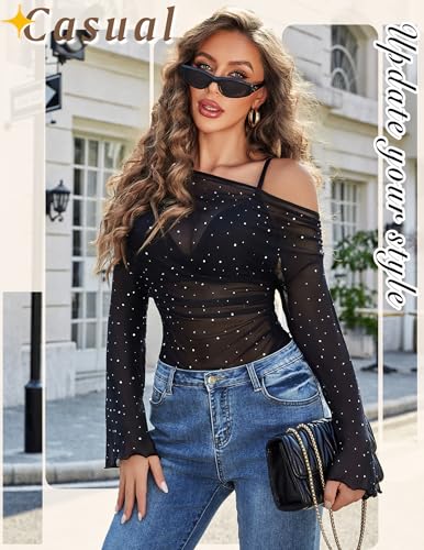 Avidlove Mesh Top for Women Long Sleeve Off The Shoulder Tops Sexy Clubwear Outfits Rhinestone Shirts S-XXL4