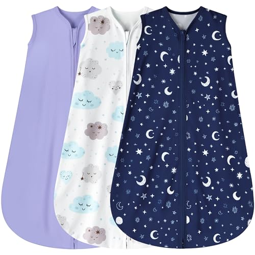 Image of BSTOPPT 3 Pack Baby Sleep Sack 6-12 Months 100% Rayon Cotton Baby Sleeping Bag 2-Way Zipper Toddler Wearable Blankets Comfy Stretchy Lightweight TOG 0.3 （Purple&Clouds&Starry Sky）
