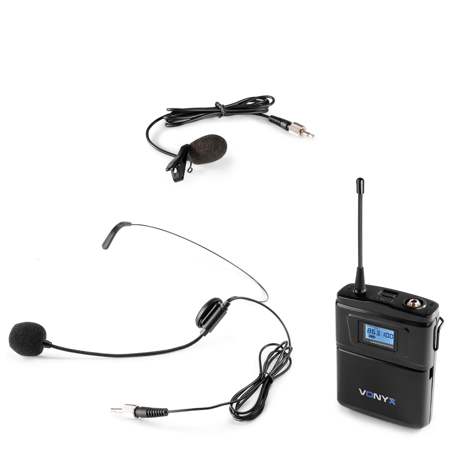 Vonyx WM60B Petaca Transmisora para Micrófonos Inalámbricos de Serie WM6, con Microfono Solapa y Micrófono de Diadema Color Negro Incluidos, Petaca para Micro Inalambrico