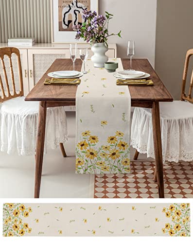 Spring Floral Table Runner 72 Inches Long Farmhouse Dress Scarves, Yellow Daisy Summer Botanical Rustic Linen Texture Dining Tablerunner for Coffee Table/Party/Kitchen Island Décor, 18" x 72"3