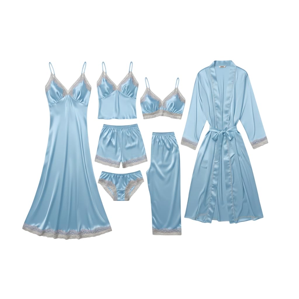 e - ezra Valentine's Day Fancy Night Suit Bath Robe Dress & Bra Panty Set Combo for Women's Pack of 7 Pcs Nightwear Lingerie Silk Wedding Gifts Lace Nightsuit Set Sky Blue (Free Size)-picture-36