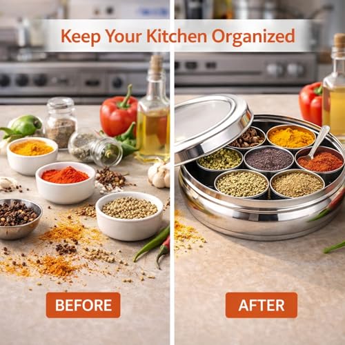 Image of COURAGE Stainless Steel Masala Dabba Spice Box with 7 Containers & Spoon | Airtight Lid | Premium Mirror Finish | Indian Spice Organizer for Kitchen Storage | Durable Masala Box Set with Steel Lid