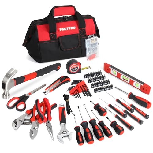 FASTPRO 220-Piece Home Tool Set Household Repairing Tool Kit with 12-Inch Wide Mouth Open Storage Tool Bag Red