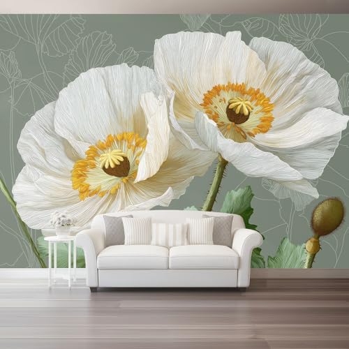 Papel Pintado Mural de Pared Decorativo Verde pálido, Murales para Salón Dormitorio Oficina, Tema de diseño Estilo pintura al óleo elegante geométrico flores., Decoración Interior, 200 x 140 cm