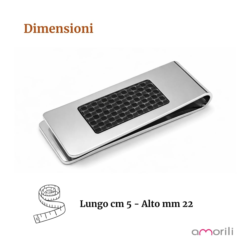 Fermasoldi Uomo in Acciaio Inox con Fibra di Carbonio – Accessorio Moderno ed Elegante – Clip Ferma Banconote a Molla per Soldi – Idea Regalo Uomo fsl027