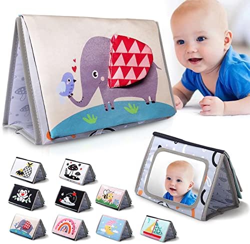 Baby Mirror Tummy Time with High Contrast Soft Baby Crinkle Book, Infant Montessori Sensory Toys for Toddler 0-3-6-12 Months, Tummy Time Floor Mirror for Newborn Brain Development, as Girl Boy Gifts