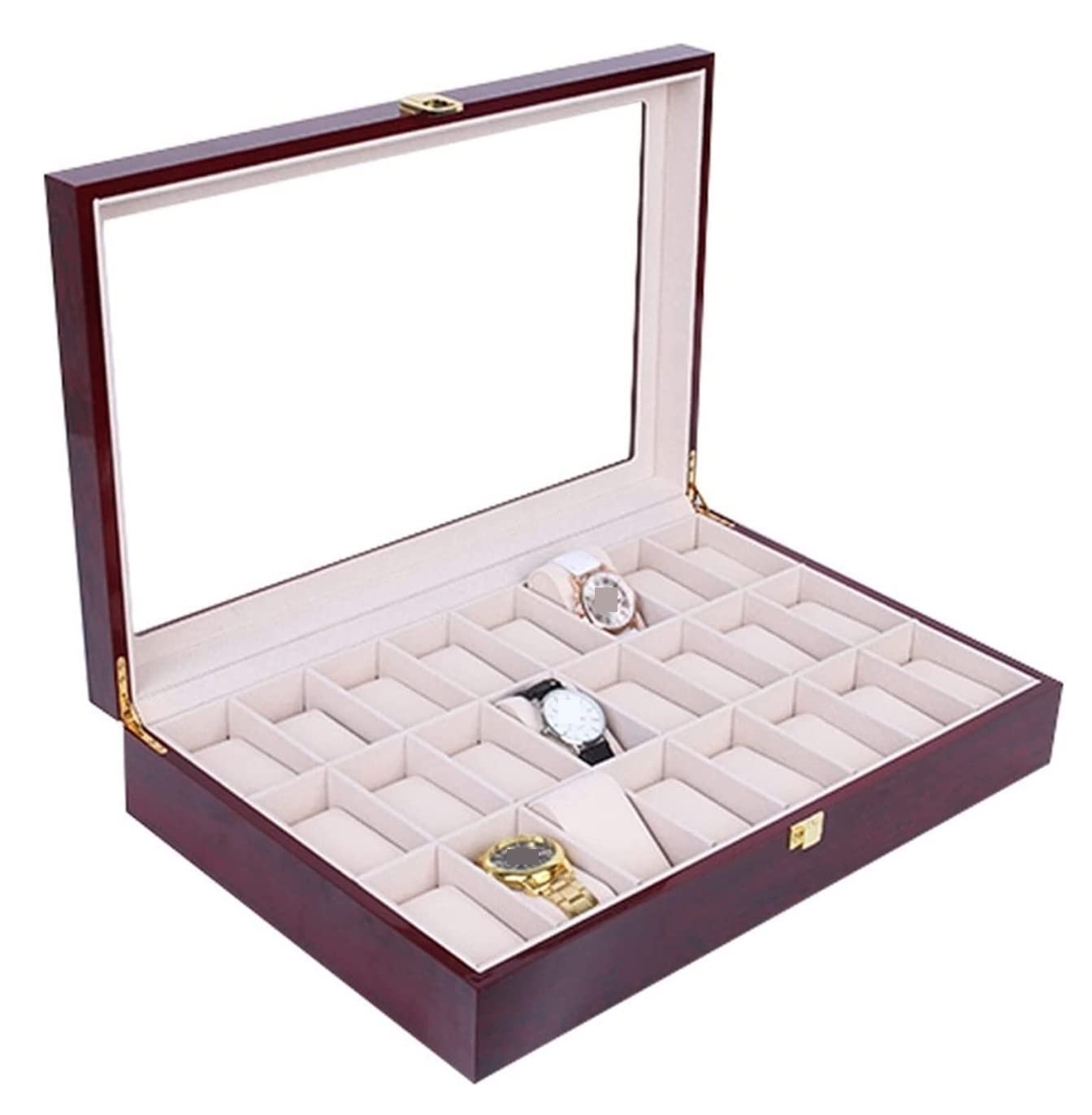 YNIYUJKL Watch Case Classic Wooden Watch Display Storage Case 24 Slots Watch Box Organizer Lockable Jewelry Holder Clear Top Watch Box,Black-44 * 29.5 * 9Cm,Red-44 * 29.5 * 9cm