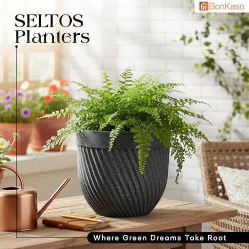 Image of Bonkaso 12 Inch Seltos Ribbed Planter for Indoor & Outdoor Use | Round Heavy Duty Polymer Flower Pot | Lightweight Weather Resistant Modern Gamla for Living Room Balcony & Terrace (Dark Grey)