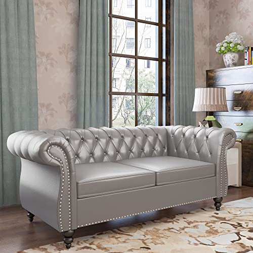 Image of QHITTY Accent Sofa, Chesterfield Loveseat Modern Leather Couch Upholstered Sofa with Tufted Back for Living Room Furniture (Grey)