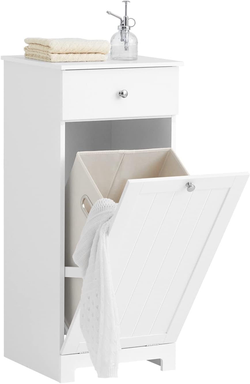 SoBuy Laundry Cabinet, Bathroom Storage Cabinet with Laundry Basket Space-Saving Storage Unit White W40 x D38 x H90cm BZR21-II-W