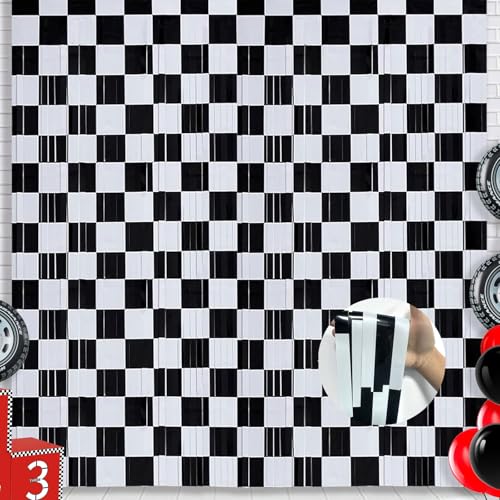 Image of Race Car Foil Curtains 3.28x6.56ft - Vibrant Checkered Decor for Race Car Birthday Party Decorations & One Happy Dude Birthday Celebrations! - 2 Packs