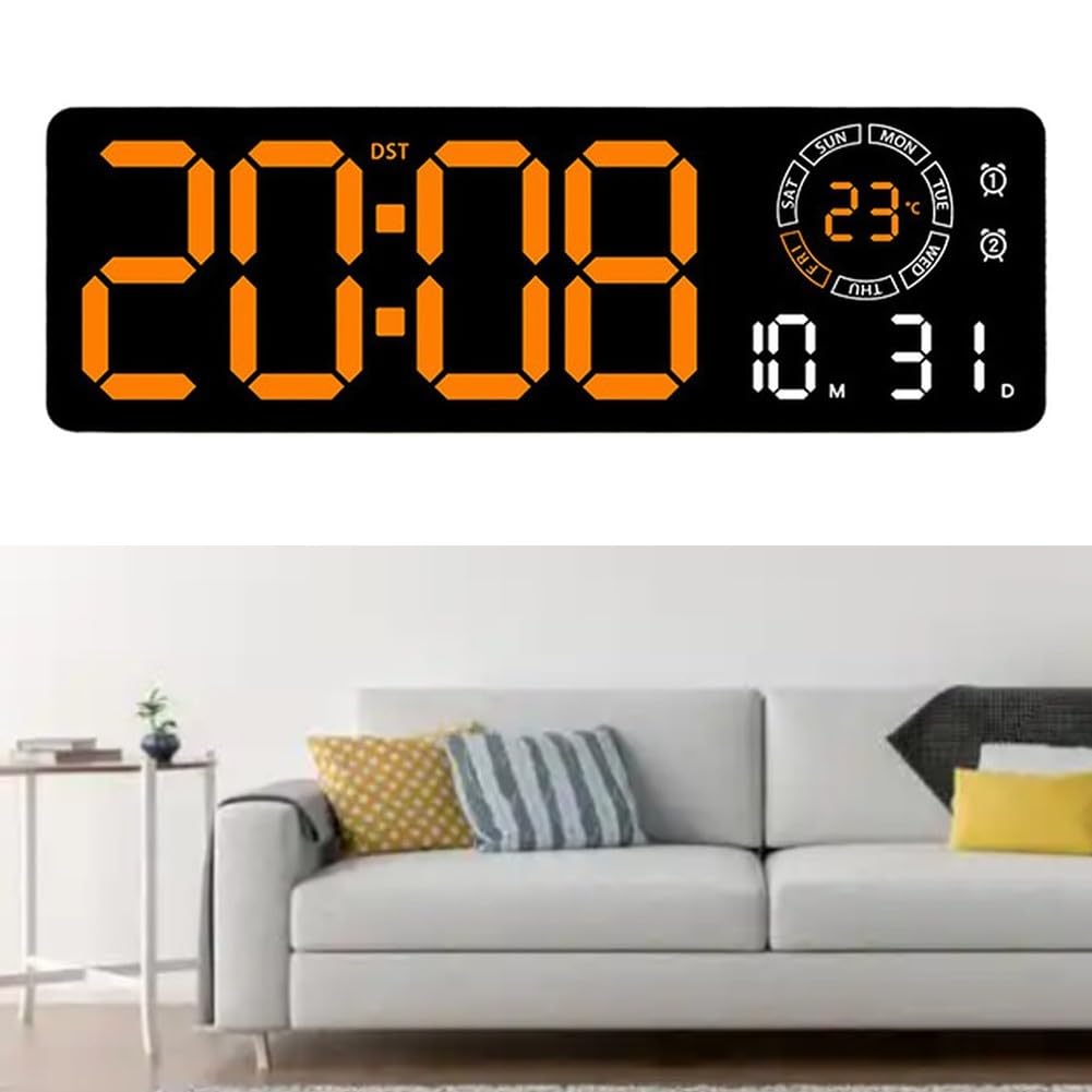 Horloge murale numérique LED orange pour un salon moderne et chaleureux