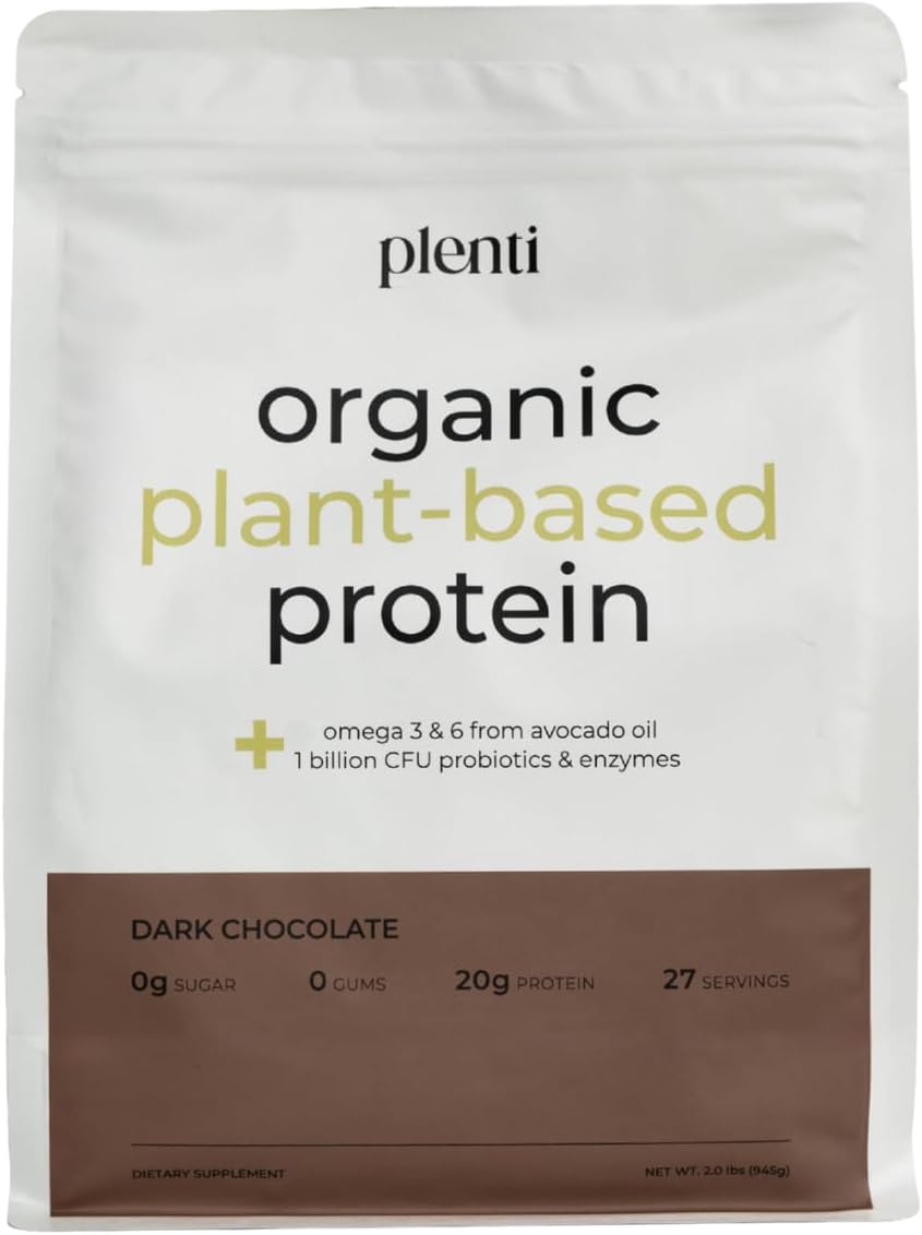 plenti Organic Plant-Based Protein Powder: Dark Chocolate - 20g Pea Protein + Probiotics, Digestive Enzymes & Omega 3-6, Gut Friendly, Sugar Free, 27 Servings (2 lbs)