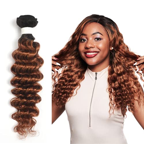 REMY Hair Deep Wave Hair 14 Inch One Bundle Virgin Human Hair Bundles Weave Ombre Brown Color Brazilian Virgin Hair 2 Color Hair(90g)/pc ( One Bundle )