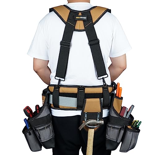 Image of MELOTOUGH Tool Belt with Suspenders Tool Bag Suspenders Framers Comb Apron Tool Belt Construction Tool Pouch Builder Heavy Duty Carpenter Suspension Rig for Electrician, Roofing,Contractor(Khaki)