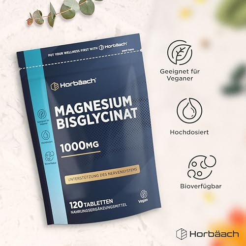Magnesium Bisglycinat Hochdosiert 1000mg | Glycinat liefert 200 mg aus elementares Magnesium | 120 vegane Tabletten | von Horbaach