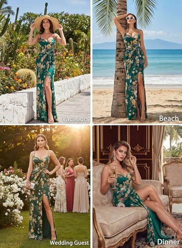 Image of VFSHOW Womens Sexy Formal Ruched Fitted High Slit Bodycon Maxi Dress Spaghetti Strap Sweetheart Cocktail Prom Evening Gown