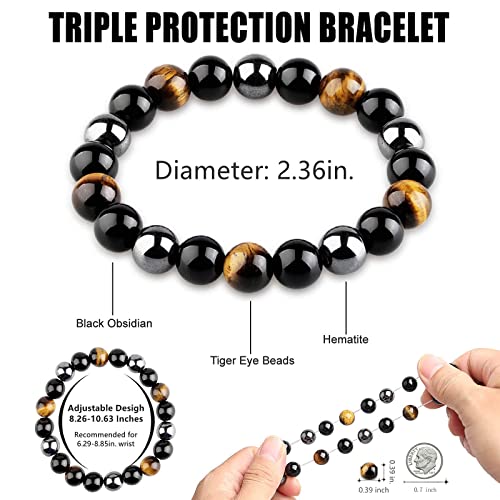 HOZEAL Triple Protection Bracelet, Black Obsidian Tiger Eye Stone Hematite Wealth Bracelets for Men Women for Bring Luck and Prosperity, Beaded Buddha Crystals Rope Stretch Bracelet3