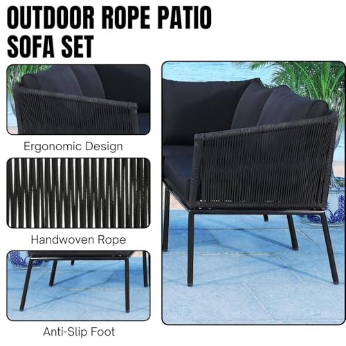 Image of DEVOKO Outdoor 3 Piece Rope Patio L-Shape Sofa All Weather Washable Cushion with Center Table for Garden, Pool, Deck, Balcony, Backyard (Black & Black)