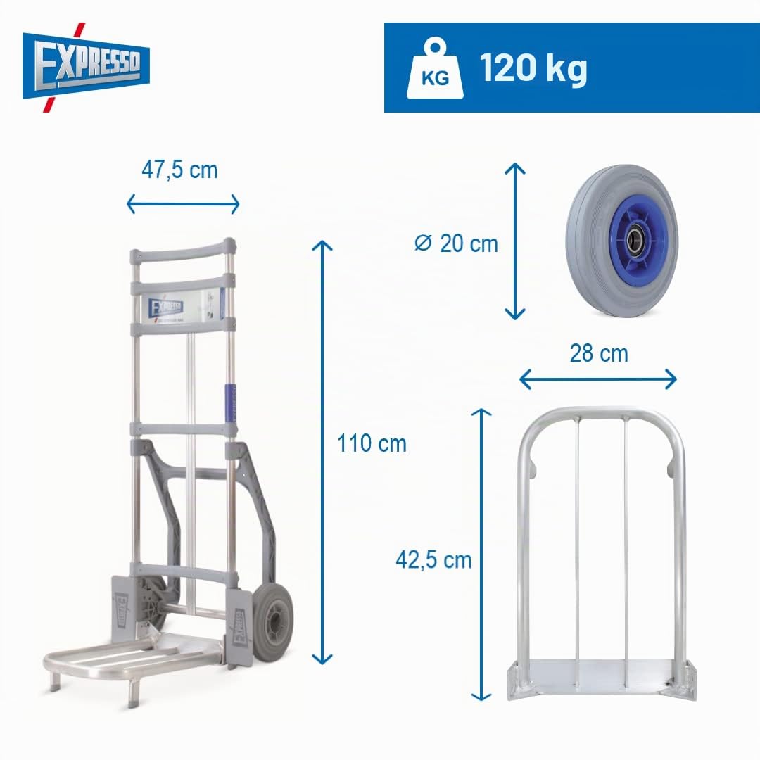 Vollmontierte EXPRESSO Alu Profi- Paketkarre zum Transport von Kartons / 120kg / pannensichere Räder/Klappbare Rohrschaufel L 42,5 x B 28,0 cm / AE82127042