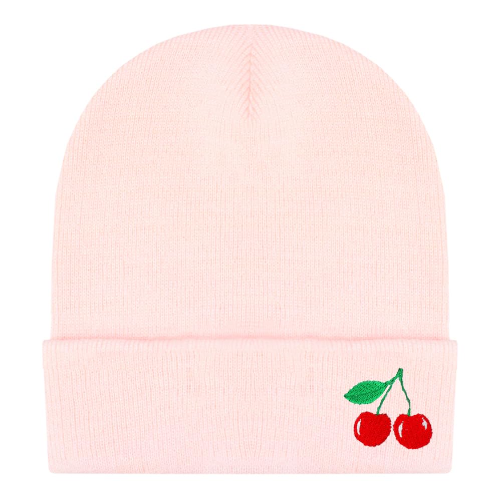 Teddyt's Women's Baby Pink 'S Cherries Embroidered Luxury Soft Rib Beanie Hat (Baby Pink)