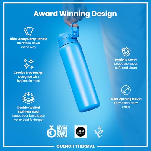ION8 Vacuum Insulated Stainless Steel 1 Litre Water Bottle, 920 Ml/31 Oz, Leak Proof, Easy To Open, Secure Lock, Dishwasher Safe, Carry Handle, Metal Water Bottle, Ideal For Sports And Yoga, Blue - 7