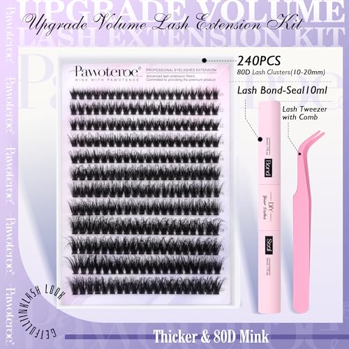 Image of Lash Extension Kit Lash Clusters 80D Full DIY Cluster Eyelash Extension Kit 10-20mm Individual Lashes Mink with Lash Bond and Seal, Lash Tweezers for Self Application (Mink 80D,10-20mm, Kit)