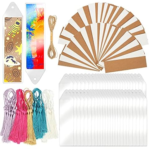 SWATOM Kraft Paper Blank Bookmarks Cardstock 50 PCS Bulk for DIY Classroom Projects Gifts Tags with Tassels PVC Tags (White & Brown) Cover
