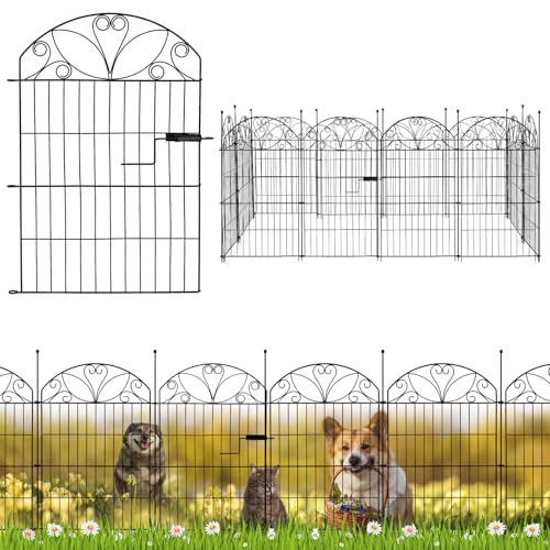 Recinzione decorativa da giardino in metallo con cancello, 12 pannelli, 81 × 57 cm, bordo da giardino in ferro nero per prati, aiuole e vialetti da giardino