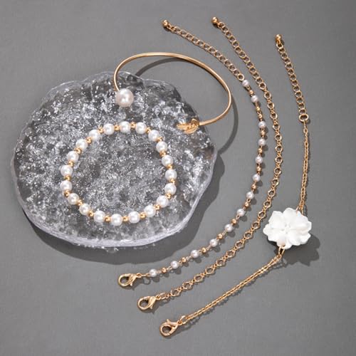 GIGB PBDK 5 Pcs Set Gold Floral Pearl Bracelet for Women, Leaves White Flower Petal Layered Bangles, Pearls Beads Adjustable Chain Link Bracelet, Trendy Jewelry Gifts4