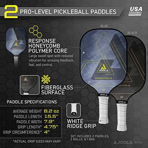 Joola Essentials Pickleball Paddle Set With Reinforced Fiberglass Surface And Honeycomb Polypropylene Core - Includes 2 Pickleball Rackets, 2 Pickleball Balls, And Sling Bag #TOP3