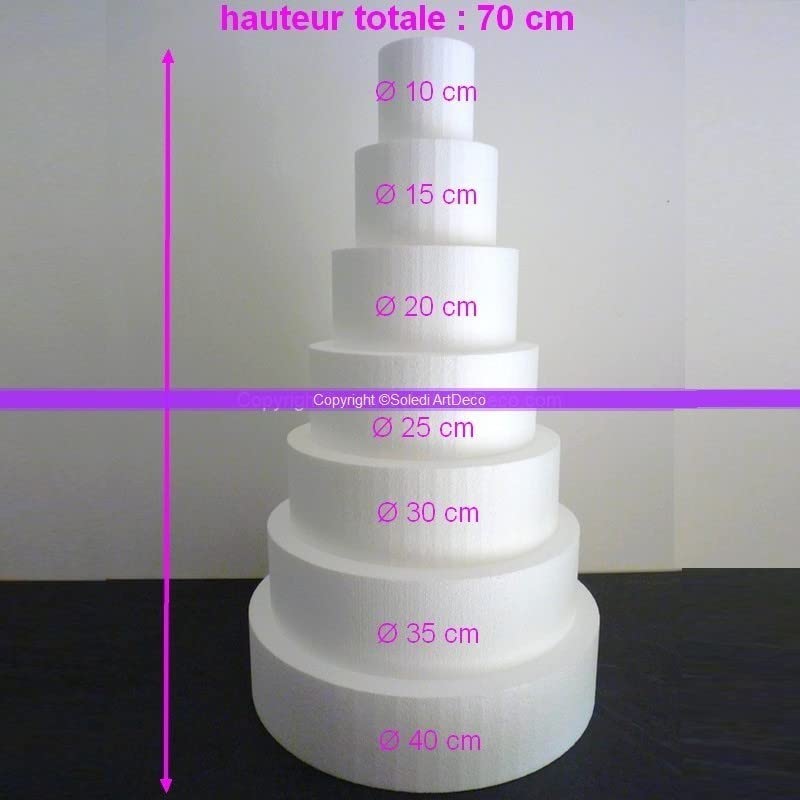 Lealoo Pièce montée Wedding Cake en Polystyrène haute densité, 70 cm de haut, Base Ø 40cm à 10cm, 7 étages
