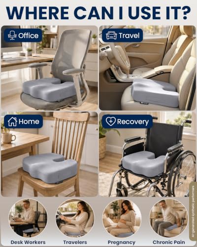 Image of 5 STARS UNITED Seat Cushion - Memory Foam Chair Cushion for Tailbone Pain Relief - Ergonomic Support for Coccyx, Sciatica & Butt - Office, Desk & Gaming Chair, Car Seat, Wheelchair, Airplane, L Gray