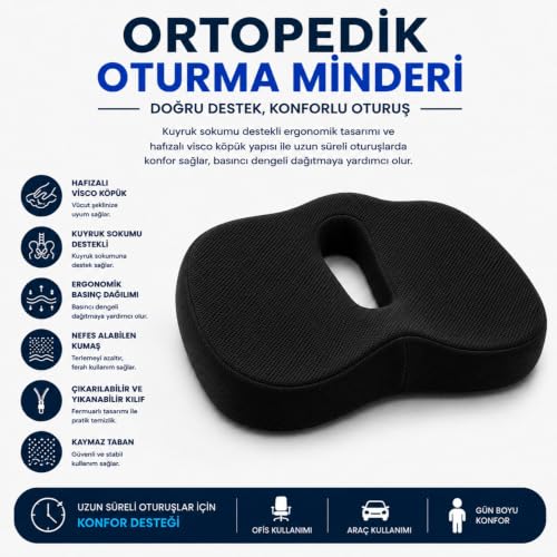Ortopedik Oturma Minderi – Kuyruk Sokumu Destek Minderi Uzun Süreli Oturuşlar için Ergonomik Ofis ve Araç Koltuğu Minderi Visco Minder