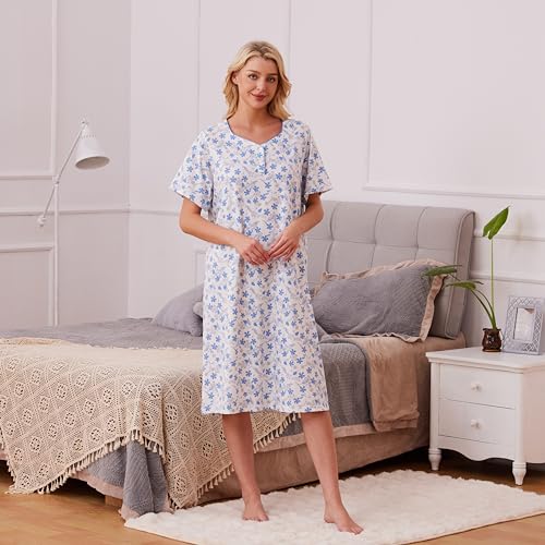 Keyocean Womens Nightgown for Summer - Soft Cotton Comfortable Short Sleeve Lightweight Floral Sleepwear & Loungewear (M-XXL)3