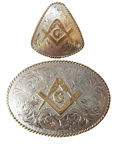 Deluxe Masonic Buckle and Bolo Set Sterling Silver Plated Square and Compasses