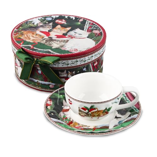 SilverChry Vintage Porzellan Kaffeetasse und Untertasse 120ml, Weihnachtskaffeebecher, Kaffeebecher, Mikrowellengeeignet, Fünf Katzen, mit Untertasse, für Kaffee, Latte, Tee