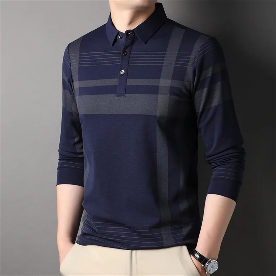 Vogrtcc Gestreiftes Herren-Poloshirt, langärmelig, normale Passform, lässiges Oberteil mit Knopfleiste, atmungsaktives Soft-Touch-Gewebe