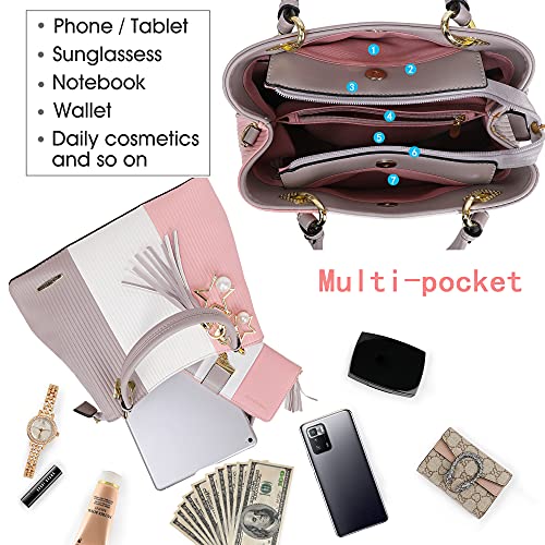 Pomelo Best dameshandtas meerkleurig gestreept omhangtas tote bag, roze/wit/grijs. - Image 5