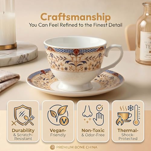 Image of U.P.C.Cup & Saucer Set of 12 Pcs | Royal Mughal Gold & Blue Floral Jaal Printed Bone China Tea Coffee Set | Gift for Home & Kitchen