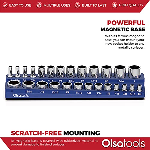 Image of Olsa Tools Magnetic Socket Organizer - 3 /8-Inch Drive SAE Socket Holder with Strong Magnets - Professional Tool Holder and Organizer - Stores up to 26 Sockets - Blue - Part: 1297