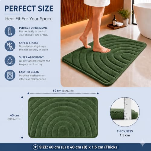 Image of Premium Memory Foam Bath Mat | 40x60cm Super Absorbent Velvet Bathroom Rug | Non-Slip Machine Washable Floor Mat (Forest Green)