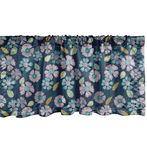 ABAKUHAUS Blumen Plattenschürze 2er Pack, Top Blick auf abstrakte Blumen-Pflanzen Laub, Vorhang Volant für Dekor mit Stangentasche, 107 cm x 30 cm, Petrol Blau Mauve Khaki
