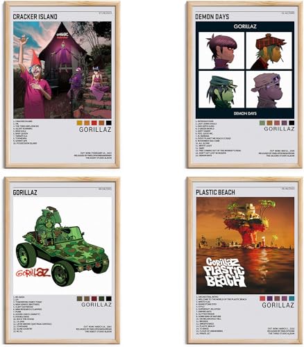 Gorillaz Couvertures d'Albums Musicaux Impressions HD sur Toile Art Mural Lot de 4 pour Salon Chambre Salle de Classe Musicale Affiches Filles Décoration Murale 20,3 x...