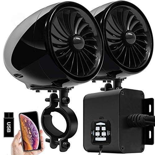Aileap MX150 Moto Amplificateur Audio Système avec AUX, USB, FM Radio, 4 Pouces Gamme Complète Étanche Bluetooth Haut-parleurs Stéréo, Fit pour 1 à 1.5 dans. Guidon Motos ATV UTV (Noir, Ventilateur) Cover