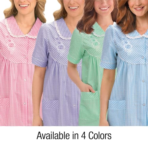 Collections Etc Gingham Robe with Floral Accents, Snap-Front Closure and Lace Trim3