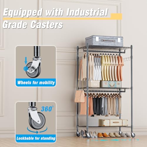 Image of Homdox Heavy Duty Clothing Rack with 3 Tier Adjustable Wire Shelves, Garment Racks for Hanging Clothes, Double Rods Clothing Rack, Freestanding Closet Wardrobe with Side Hooks, Black