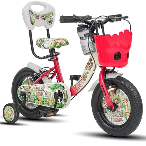 Image of WildHop 12T Kids Bicycle with Training Wheels, Backrest Seat, Basket & Safety Features for Toddlers (Cream Red, 12T)
